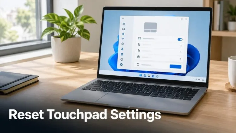 A laptop on a wooden desk showing the Windows 11 touchpad settings page, illustrating how to reset touchpad settings to default.