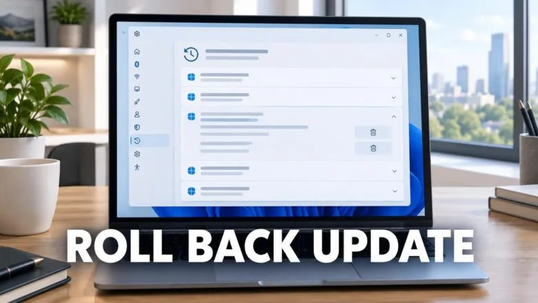 Windows 11 Settings window displaying update history with rollback options in a bright, modern workspace.