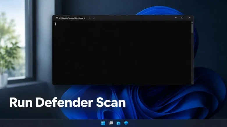 Windows 11 desktop with a Command Prompt window open, ready to run a Microsoft Defender scan from the command line.