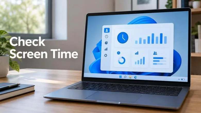 A Windows 11 laptop on a wooden desk showing a settings panel with usage charts, illustrating how to check screen time on a PC.