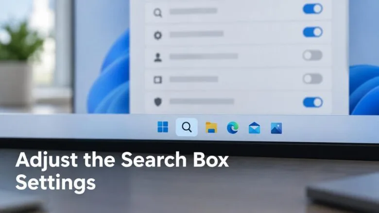 Windows 11 taskbar with the search icon in focus, illustrating how to adjust search box settings in Windows 11.