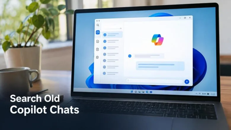 A Windows 11 laptop showing the Copilot app with a conversation list and search icon for finding older chats.