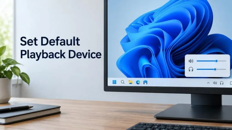 Windows 11 taskbar volume menu open beside a speaker icon, illustrating how to set the default playback device on a PC.