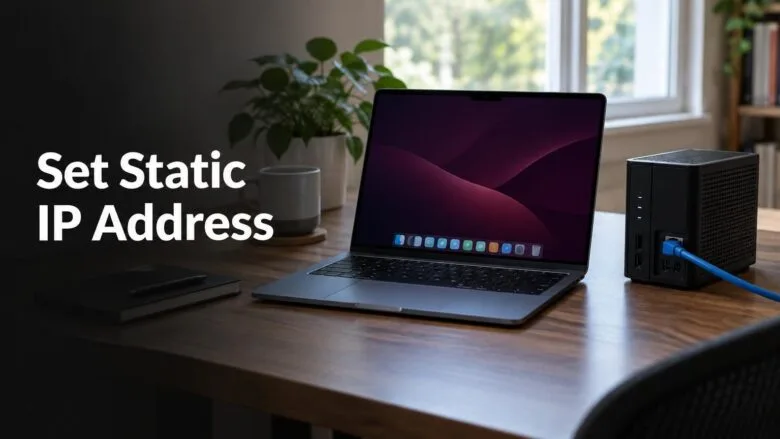 A laptop and a home server connected by an ethernet cable on a desk, illustrating how to set a static IP address on Ubuntu.