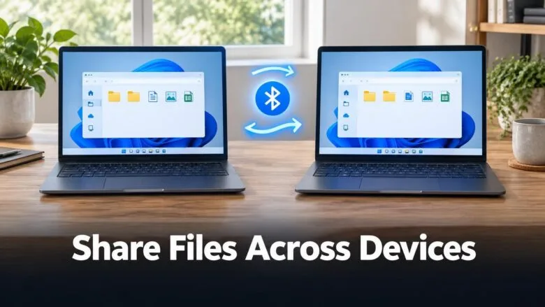 Two Windows 11 laptops on a desk with wireless sharing icons between them, illustrating how to share files across devices with Nearby sharing.