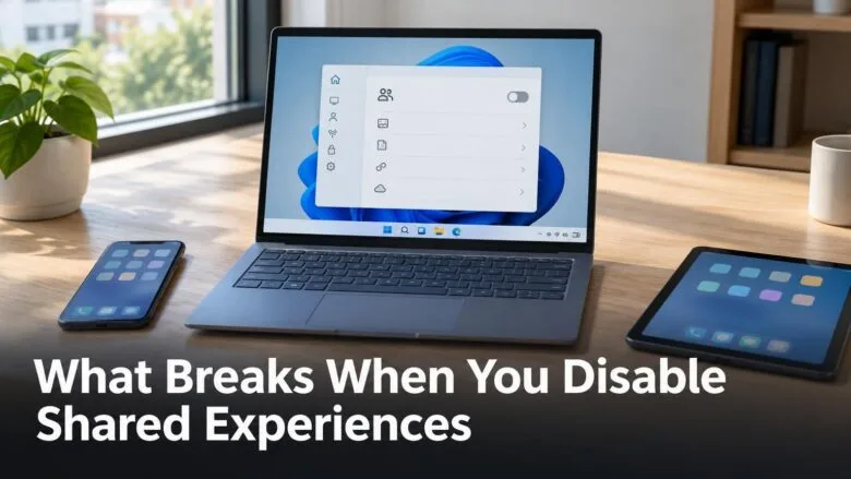Windows 11 laptop beside a phone and tablet on a wooden desk, illustrating what changes when shared experiences are turned off.