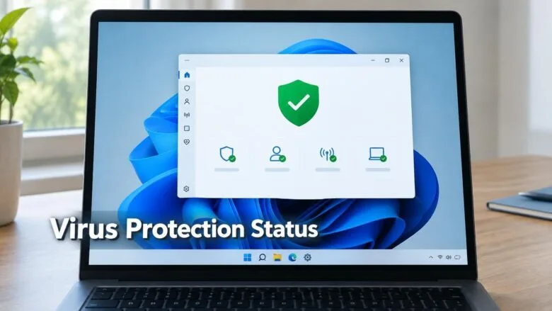 A Windows 11 laptop screen showing the Windows Security app with a green shield checkmark, illustrating virus protection status.