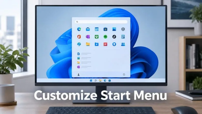 Windows 11 Start menu displayed on screen with customizable pinned apps and layout options visible.