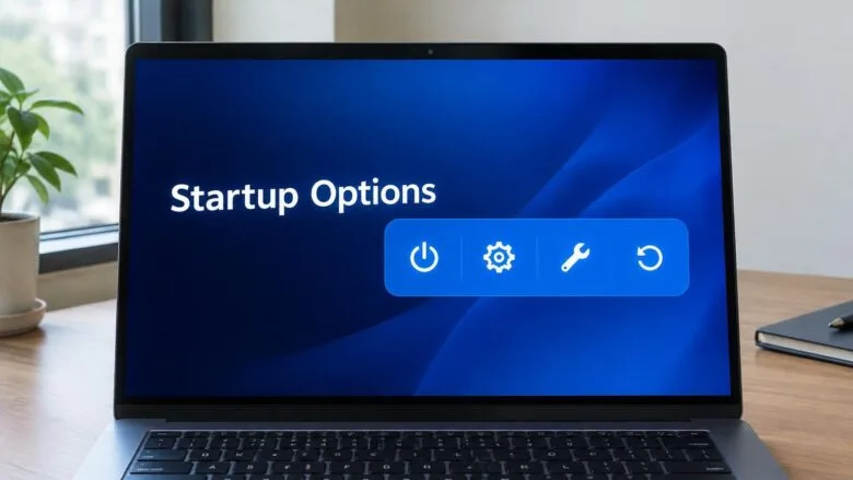A Windows 11 laptop showing a blue startup options recovery menu with icons, reached from the sign-in screen.