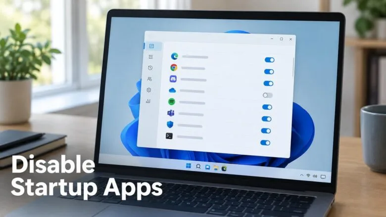 Windows 11 Task Manager open on a laptop, showing the Startup apps list with one app's toggle switched off.