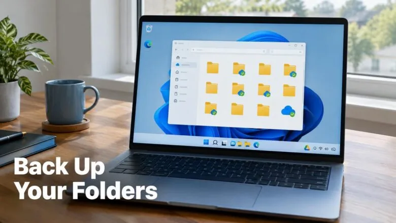 A Windows 11 laptop showing File Explorer folders with a cloud sync icon, illustrating backing up folders with Google Drive sync.