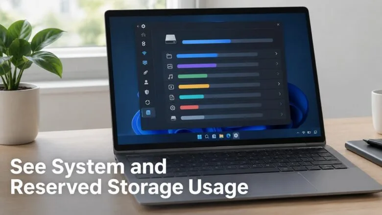 A Windows 11 laptop on a desk showing a Settings storage page with colourful usage bars for system and reserved storage.