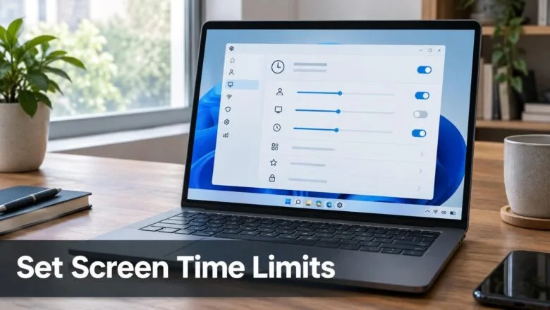 A Windows 11 laptop on a wooden desk displaying a settings panel with toggles and sliders, illustrating how to set screen time limits for a child's PC account.