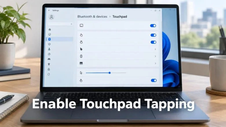 Windows 11 Touchpad Settings page showing tapping options with a bold title overlay on a laptop screen.