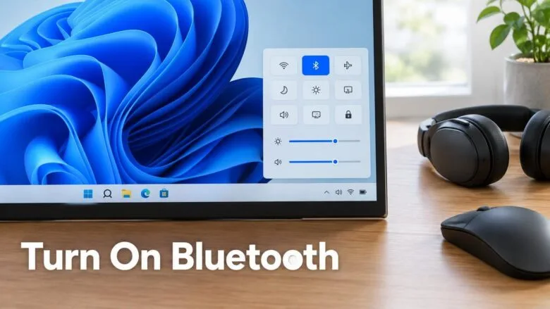 Windows 11 desktop with the Quick Settings panel open and the Bluetooth tile highlighted, with wireless headphones and a mouse on a desk.