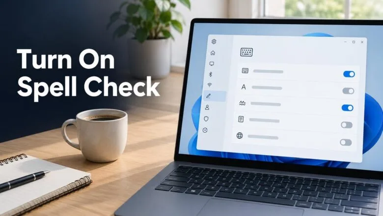 Windows 11 Settings Typing page on a laptop, showing the switches used to turn on spell check and autocorrect.