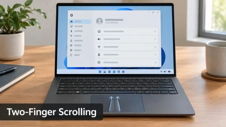 A Windows 11 laptop on a wooden desk with its Settings window open beside a touchpad showing two-finger scroll gesture lines.