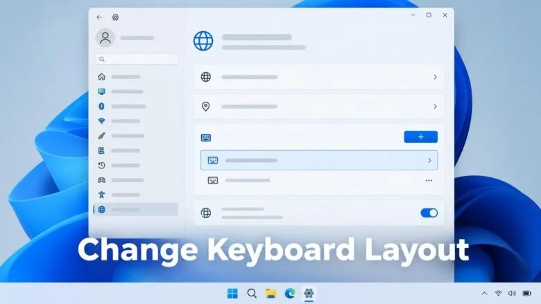 Windows 11 Settings panel for Language & region with a title overlay about changing keyboard layout.