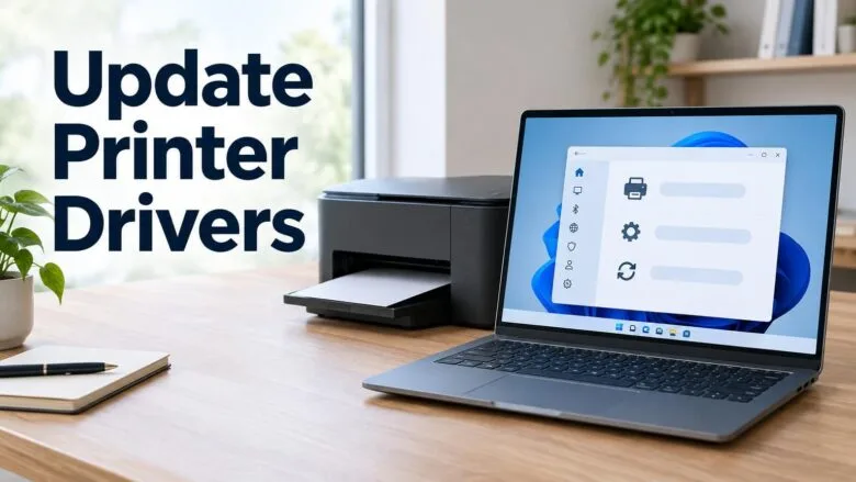 A Windows 11 laptop beside a printer on a desk, illustrating how to check for and update printer drivers.