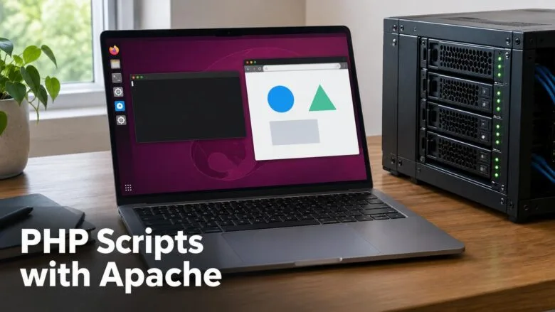 Laptop beside a server rack showing an Ubuntu desktop with a terminal and browser, illustrating PHP scripts running on Apache.