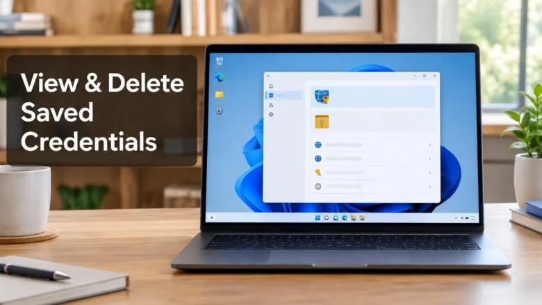 Windows 11 desktop showing the Credential Manager window open, illustrating how to view and delete saved Windows credentials.