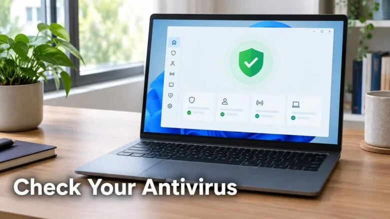 Laptop on a desk showing a green shield checkmark in Windows 11 Security, for checking which antivirus program is installed.