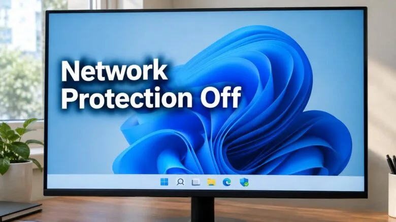 Windows 11 desktop with a Windows Security shield icon beside a bold title about what breaks when Network protection is turned off in Microsoft Defender.
