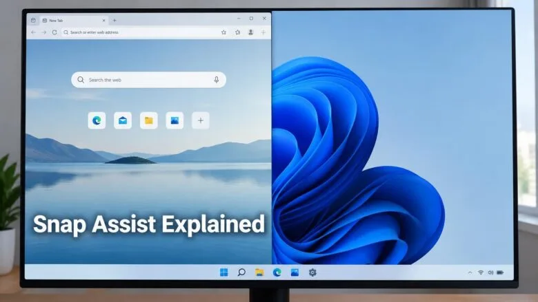 Windows 11 desktop with one window snapped to the left half of the screen and the right half empty, showing how Snap Assist changes snapping.