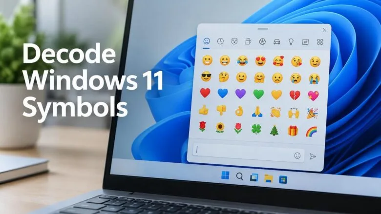 Windows 11 desktop with the emoji panel open over a text box, showing emoji icons used to look up symbol meanings.