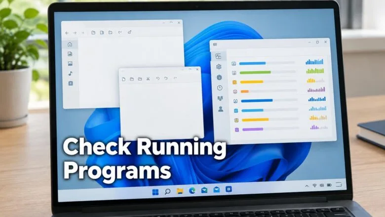 A Windows 11 desktop with several open windows and the Task Manager showing running programs with colourful usage bars.