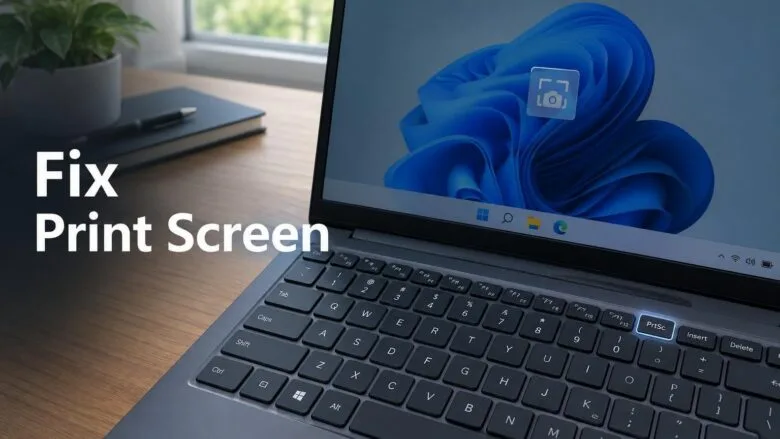 A Windows 11 laptop keyboard with the Print Screen key highlighted, showing how to fix a screenshot key that does nothing.