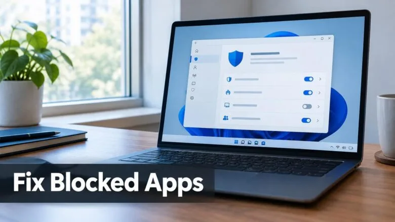 A Windows 11 laptop showing a security settings window with a shield icon, illustrating how to fix apps blocked by Windows Firewall.