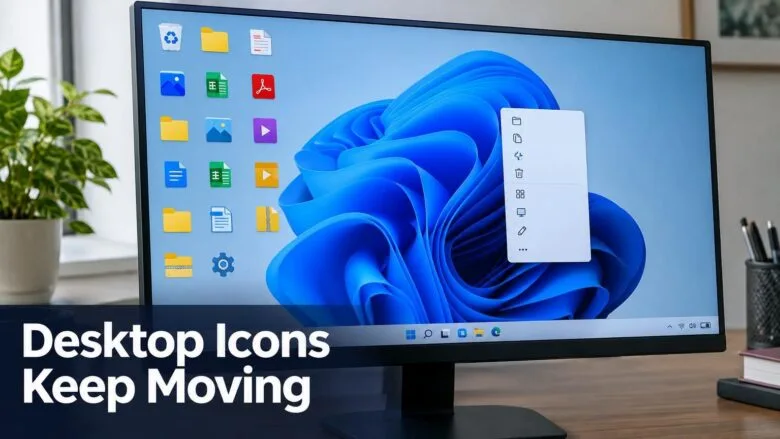 Windows 11 desktop with neatly aligned icons on a blue wallpaper, illustrating a fix for desktop icons that keep rearranging.