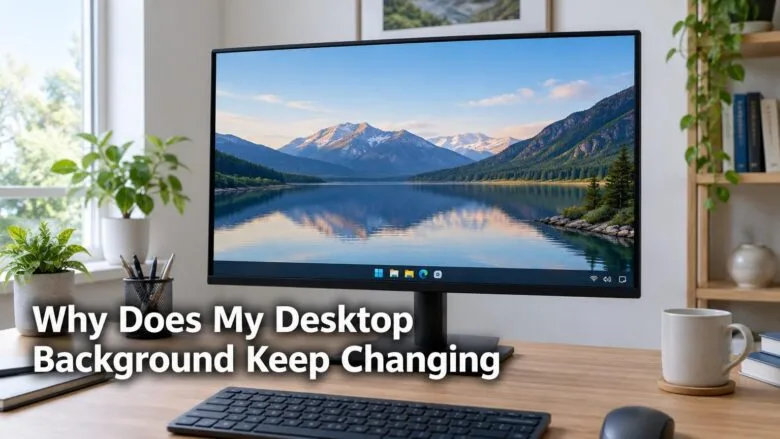A Windows 11 desktop with a calm landscape wallpaper on a monitor in a bright office, illustrating why the background keeps changing.