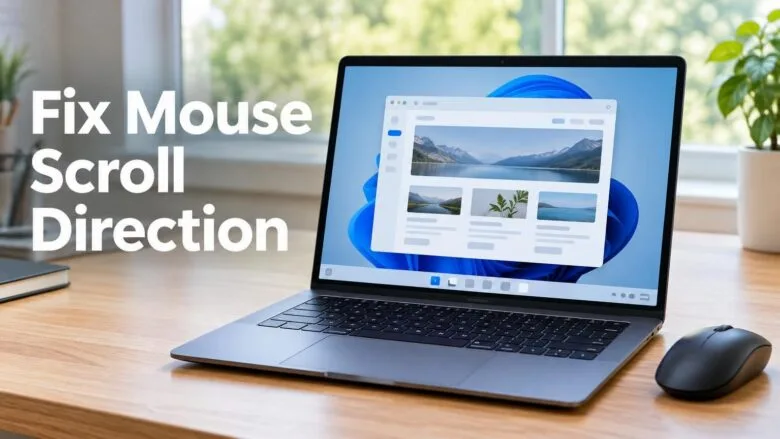 A Windows 11 laptop beside a mouse on a desk, illustrating how to fix a mouse that scrolls the wrong way.