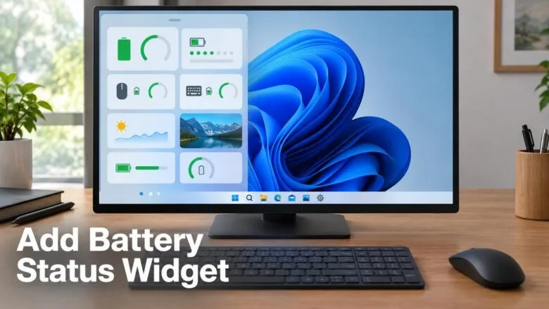 A Windows 11 desktop with the Widgets board open, showing battery status cards for a PC and wireless accessories beside a mouse and keyboard.