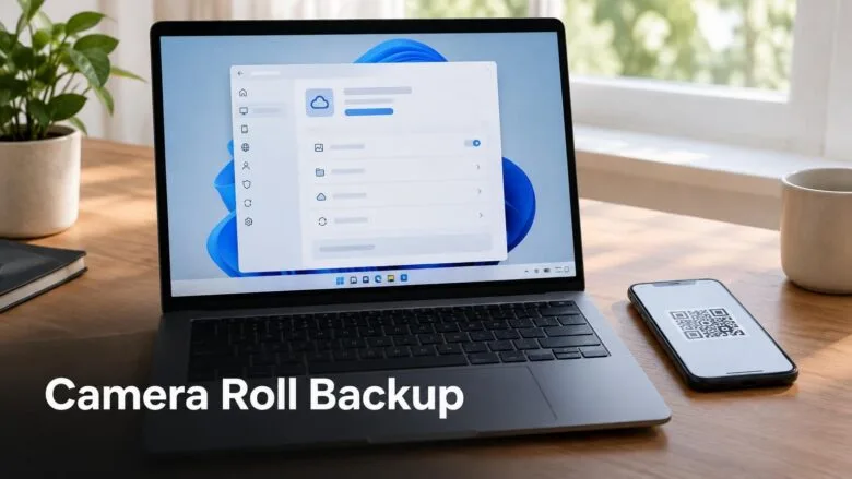 Laptop running Windows 11 Settings beside a smartphone showing a QR code, illustrating how to turn on Camera roll backup to OneDrive.