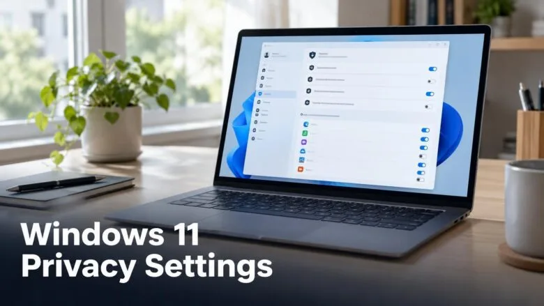 A Windows 11 laptop on a desk showing privacy settings with toggle switches controlling app access to camera, microphone and location.