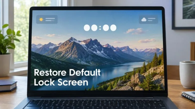 A Windows 11 laptop displaying the default Windows Spotlight lock screen with a scenic landscape photo and a small status widget.