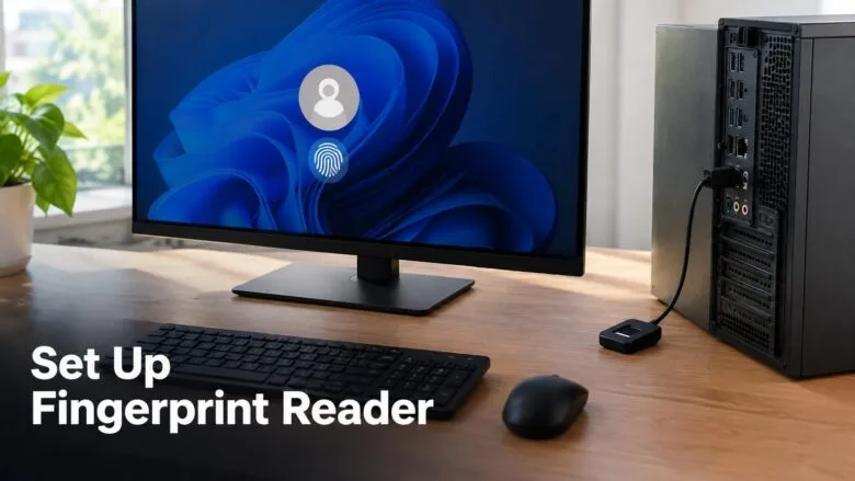 A desktop PC with a USB fingerprint reader plugged in, beside a monitor showing a Windows 11 sign-in screen with a fingerprint icon.