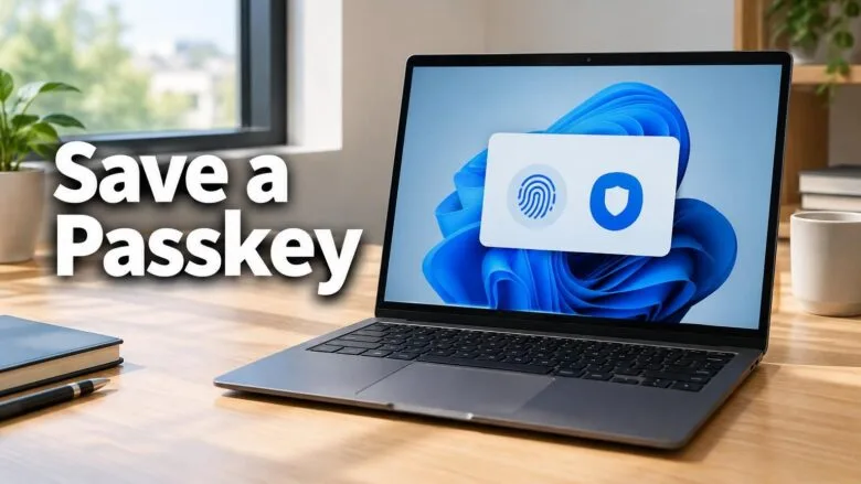 A Windows 11 laptop on a wooden desk showing a security sign-in panel with a fingerprint icon, illustrating saving a Windows Hello passkey.