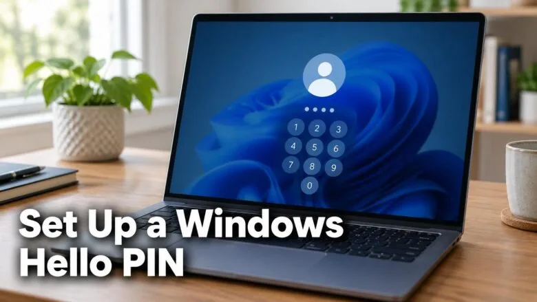 A Windows 11 laptop on a desk showing a sign-in screen with a keypad, illustrating how to set up a Windows Hello PIN.