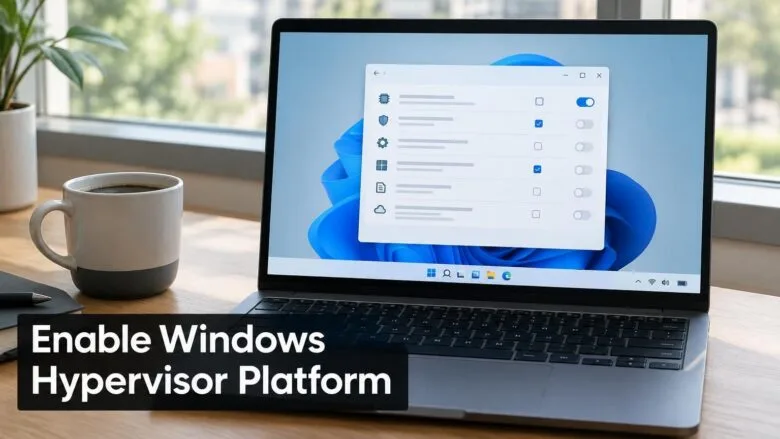 Windows 11 laptop screen showing a Windows Features panel with a virtualization toggle switched on, illustrating how to enable the Windows Hypervisor Platform.