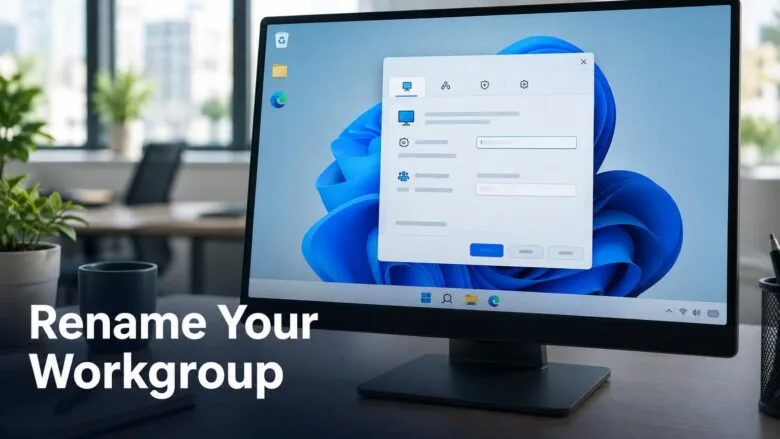 Windows 11 System Properties window open on a desktop, showing where to change the workgroup name on a PC.