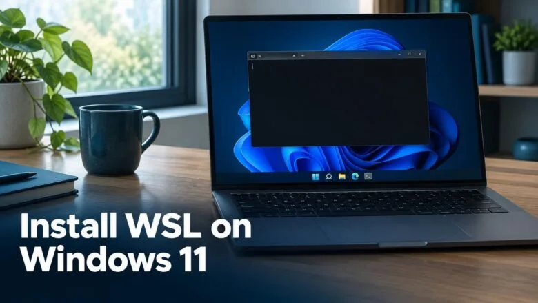 Windows 11 desktop with a dark terminal window open beside a laptop, illustrating how to install WSL from the command line.